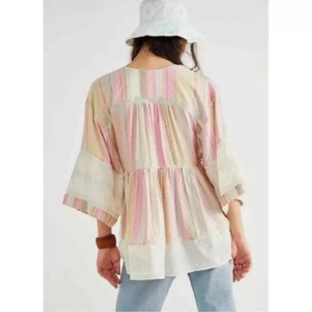 Free People  boho Spring  Embroidered colorful Fun striped Tunic Top RARE!